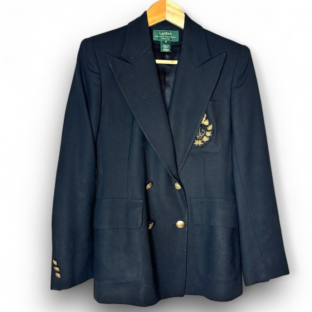 Vintage Lauren Ralph Lauren Black 100% Wool Chrst Pocket Crest Logo Blazer Sz 4P
